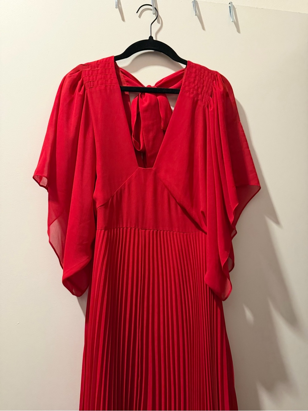 Club Monaco Red Pleated Maxi Dress with Flutter Sleeves